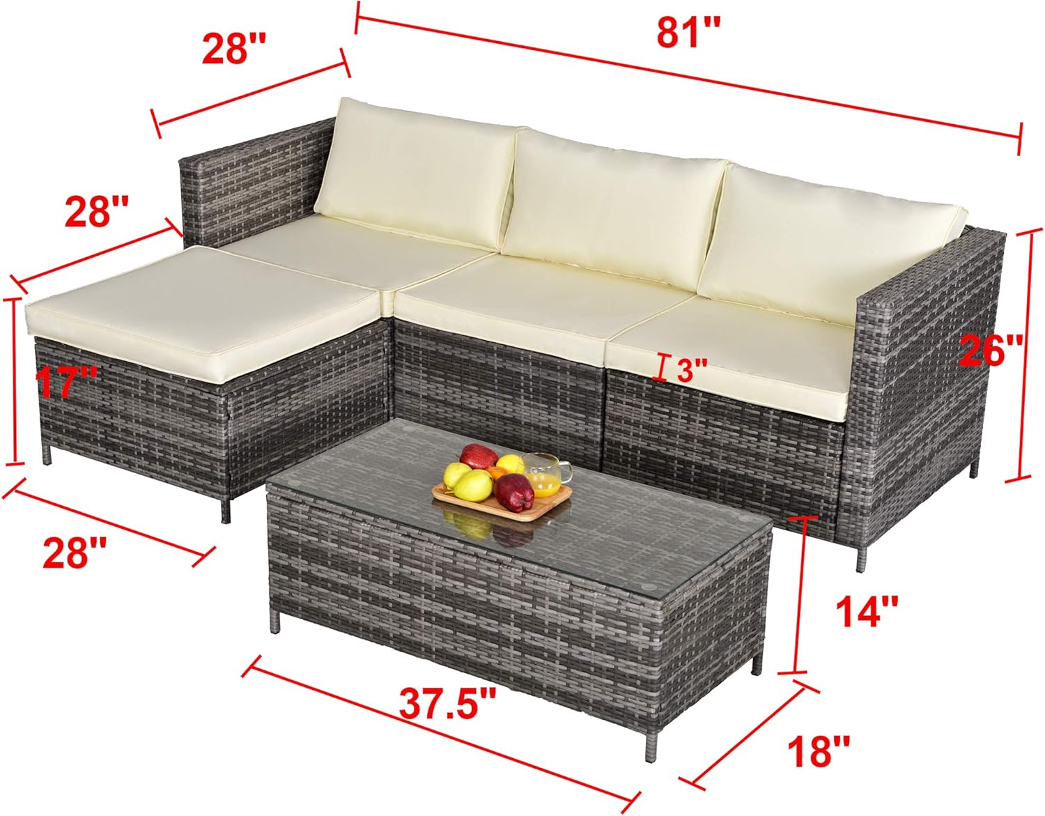 5 Pieces Outdoor Patio Furniture Set, All-Weather Outdoor Small Sectional Patio Sofa Set, Wicker Rattan Patio Sofa Couch Conversation Set w/Ottoman, Cream White Washable Cushions, Grey: Garden & Outdoor