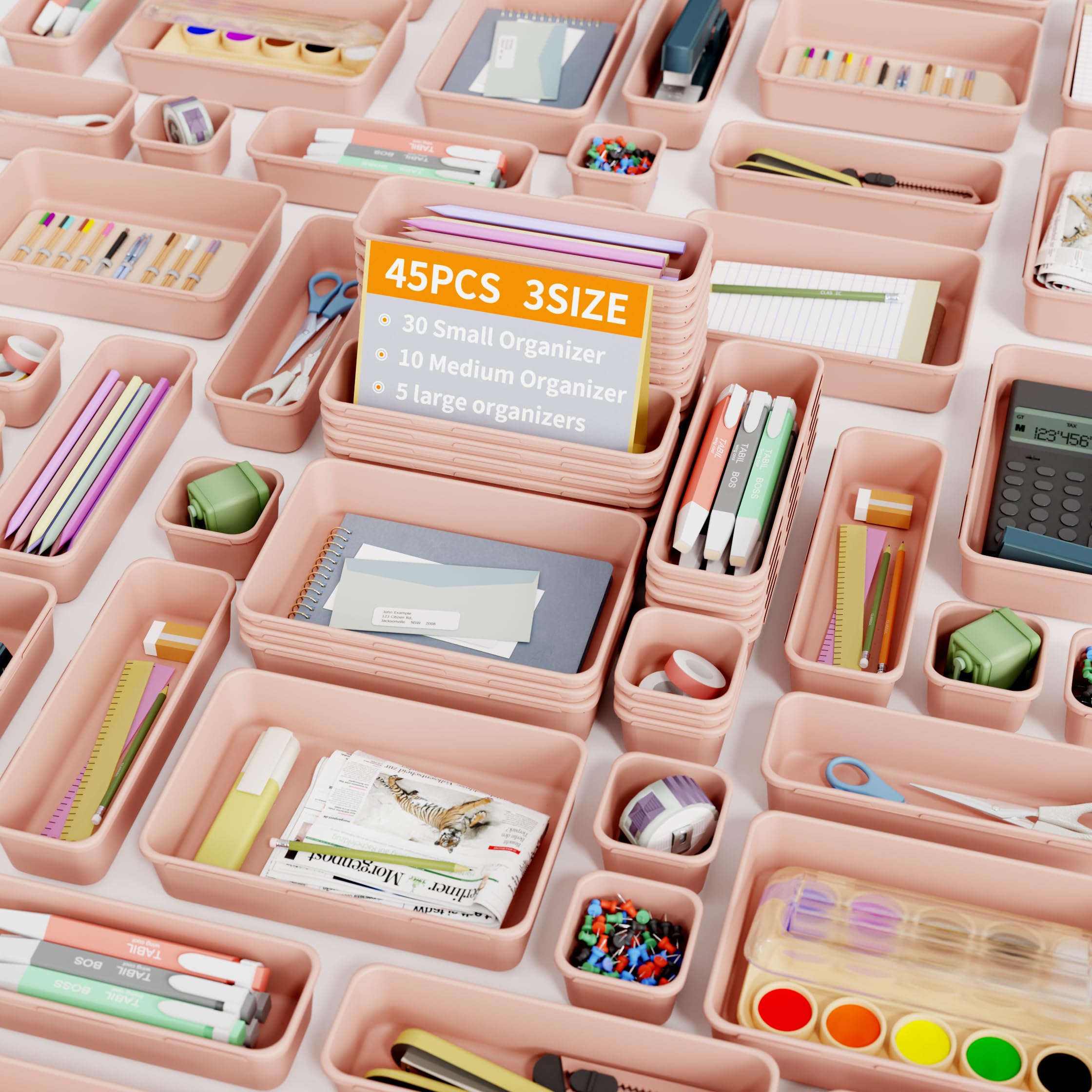 Giklux 45 Pcs Makeup Drawer Organiser Trays, 3 Sizes Desk Drawer Dividers Organisers for Cutlery, Kitchen, Bathroom, Office, Cosmetics, Vanity, Dress Table, Tool Box, Plastic Junk Draw Organiser, Pink