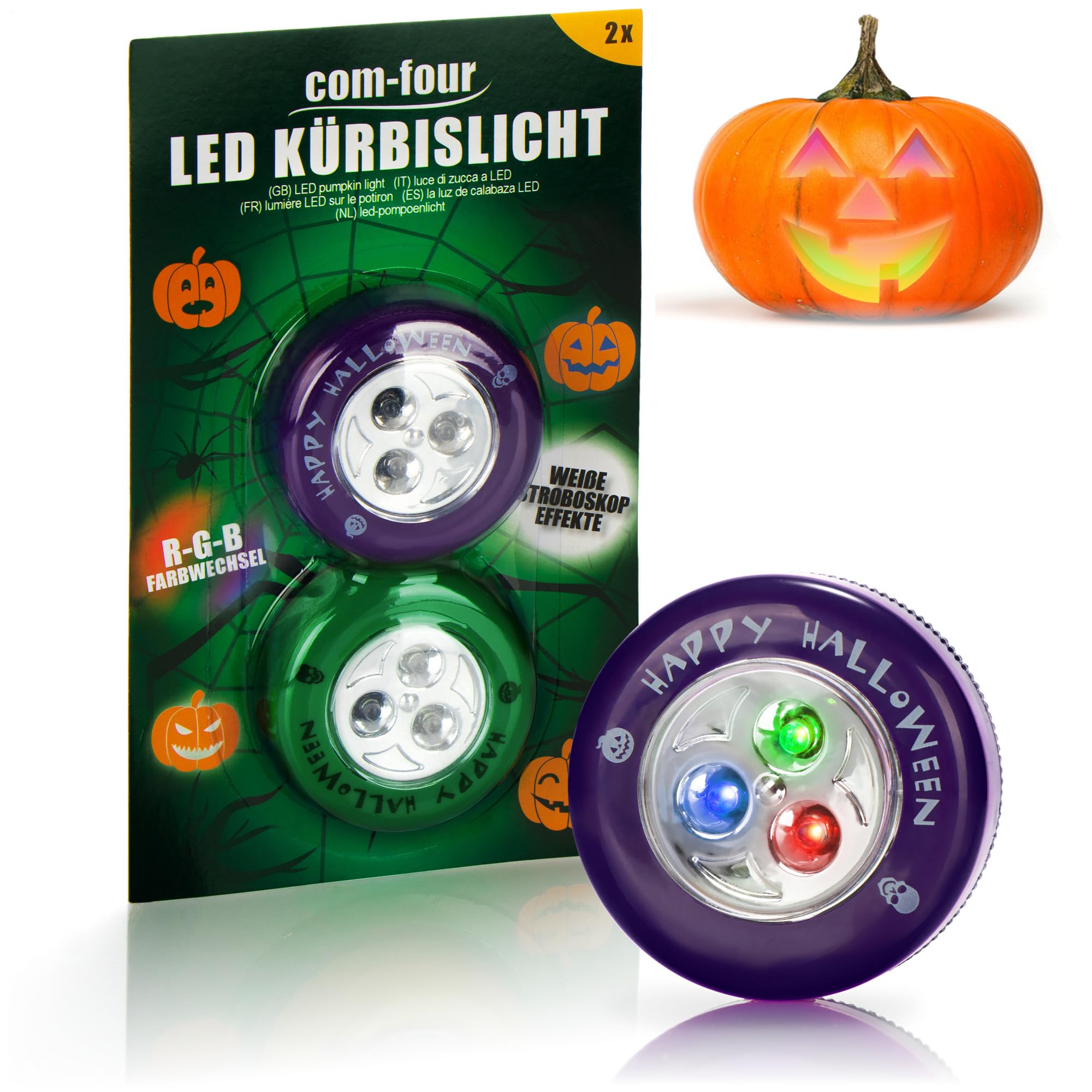 com-four® 2X LED Light for Halloween - Flashing Pumpkin LED Lights for Hollowed Out and Carved Pumpkins - Pumpkin Lamp for Halloween (Set LED - grün + lila)