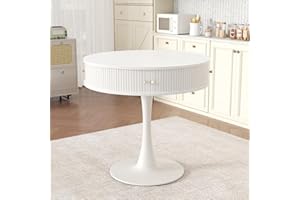 AKMAKM White 31.5" Round Dining Table with Hidden Storage | Seamless Faux Woodgrain Tabletop, 2 Sliding Doors, Metal Pedestal Base for Small Spaces