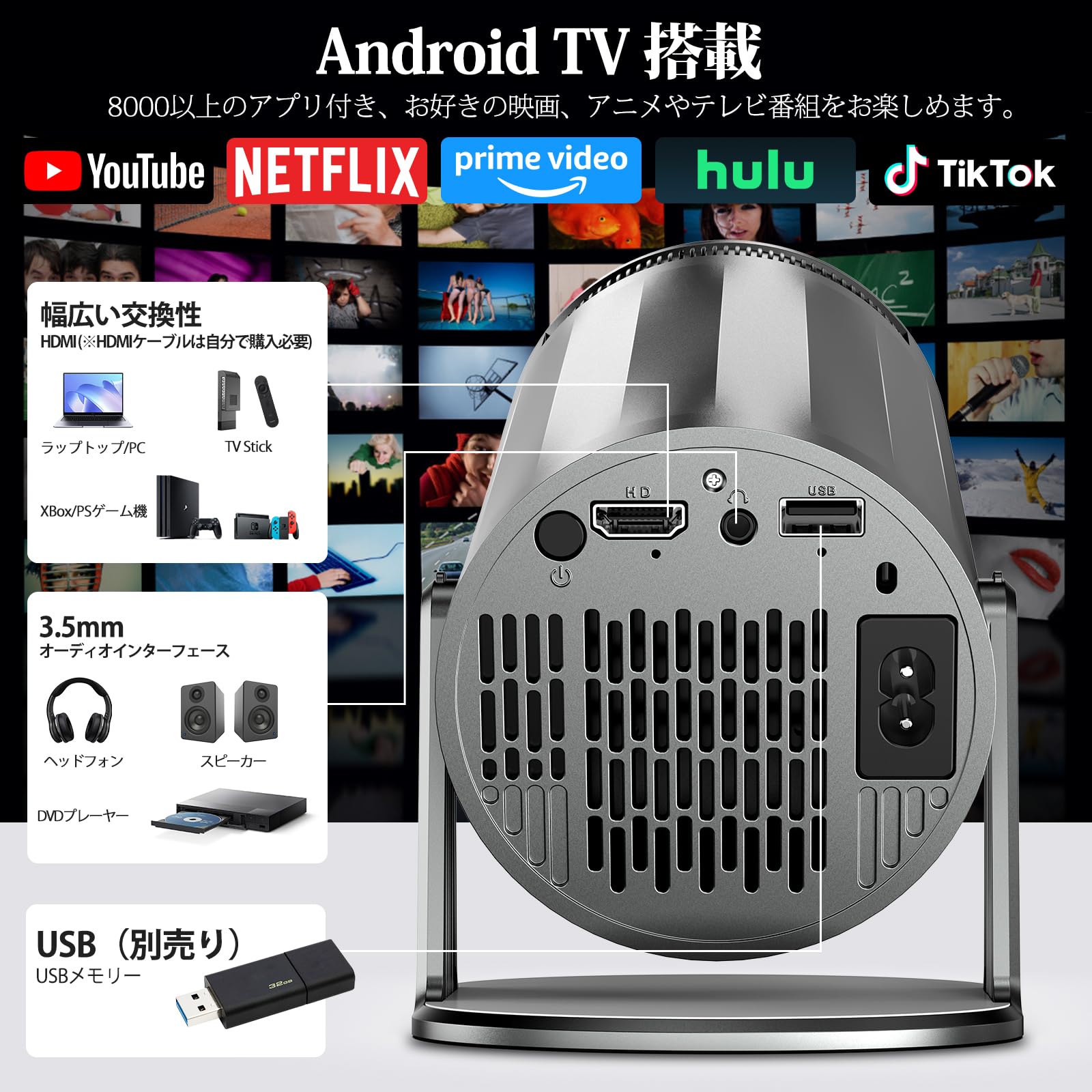 Projector for Home Use (18000 LM, 270° Rotation, 4K Compatible, Android TV Compatible) Projector, Compact, High Brightness, Ceiling Projection, 1080P, Wi-Fi 6 Instantaneous Connection,