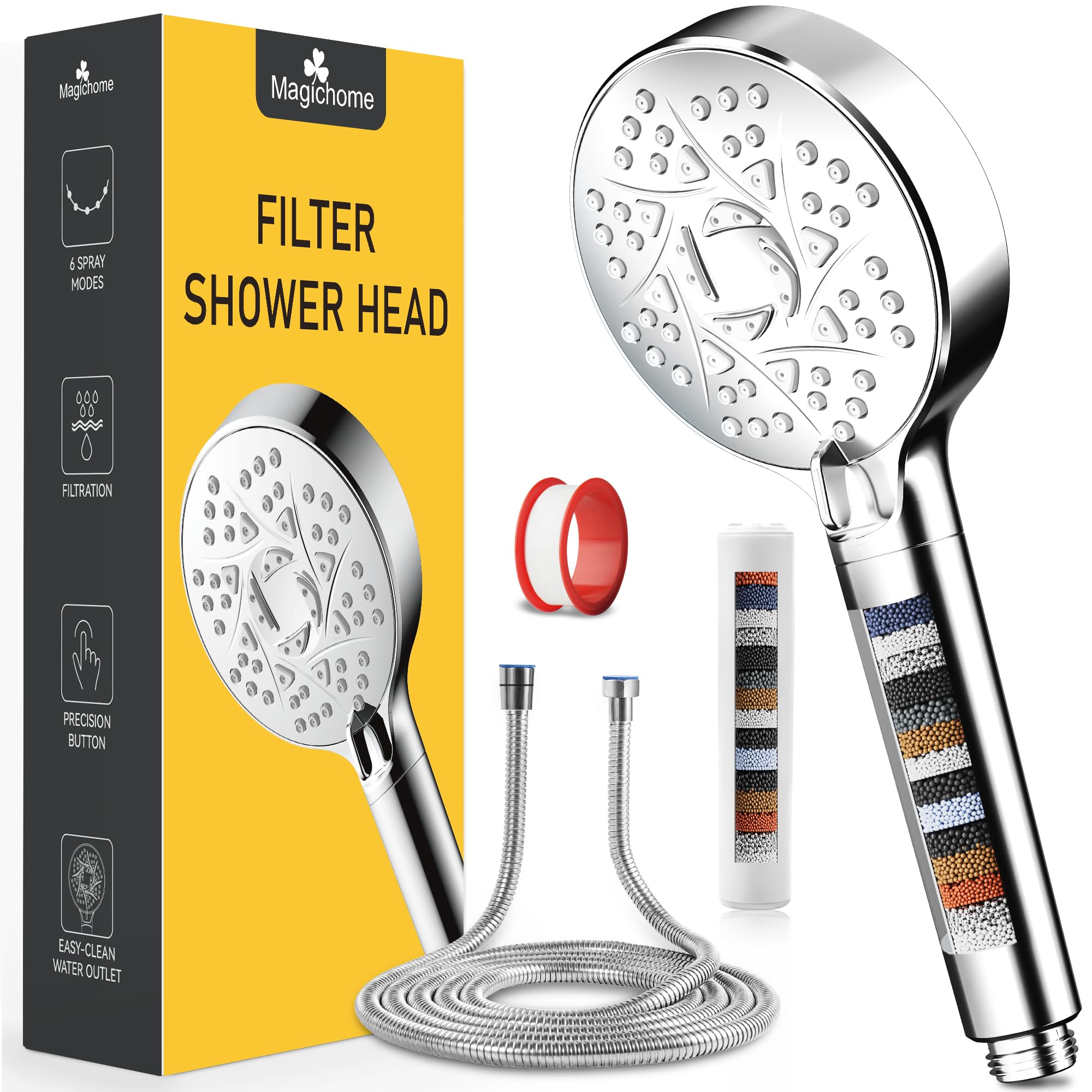 Magichome Filter Shower Head and Hose 2m, 6 Modes High Pressure Hard Water Softener Shower Head with Extra Replaceable Accessories