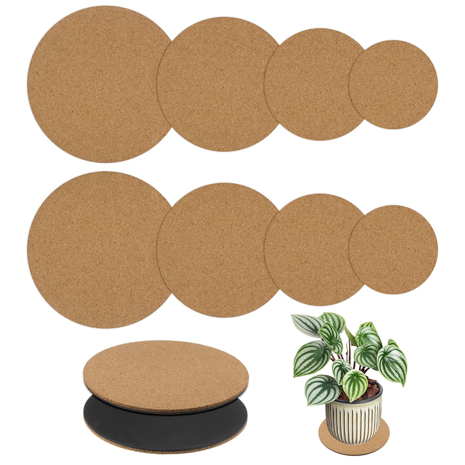 M METERXITY 8-Pack Cork Plant Coasters, 4/6/8/10 Inch Round Coasters Pads Cork Plant Mats Cork Pads for Plants/House/Garden/Indoors/Outdoors, Plant Cork Mats [4 Sizes]