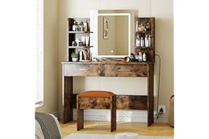 Tiger Strip Makeup Vanity Desk with Lighted Mirror & Charging Station, Rustic Brown Farmhouse Vanity Table Set with Storage S