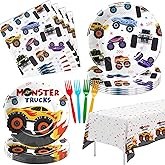 APOWBLS Monster Truck Birthday Party Supplies, Monster Theme Jam Party Decorations Tableware, Plate, Napkin, Tablecloth, Fork, Monster Truck Birthday Plate And Napkin Decorations Dinnerware | Serve 24