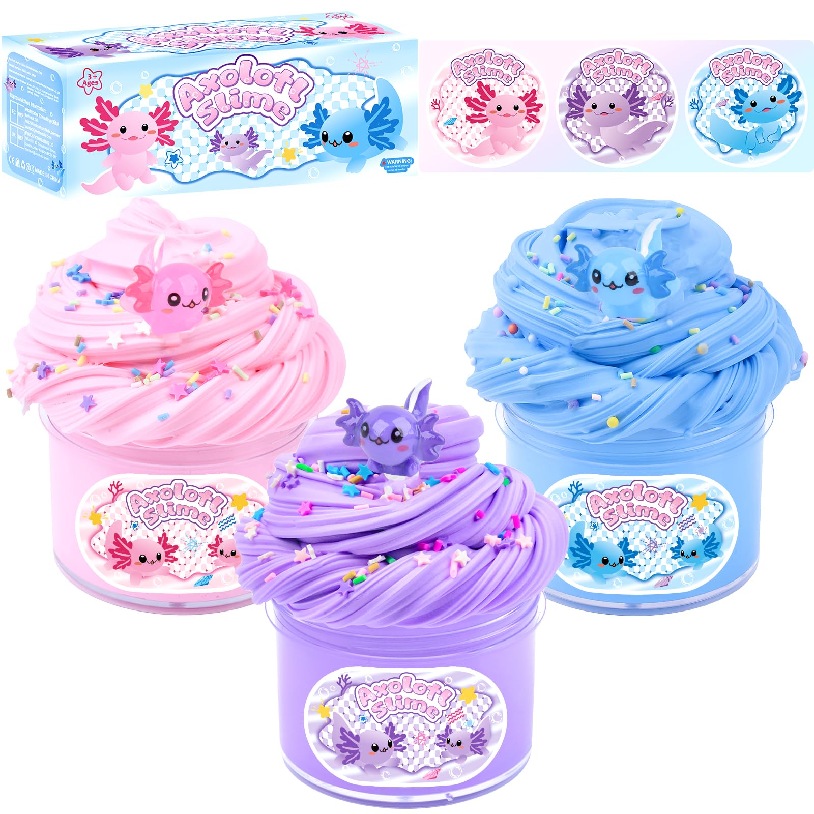 3 Pack Axolotl Butter Slime, Butter Slime Kit with Pink, Blue, Purple Axolotl Charms, Soft and Stretchy, Slime Party Favor for Girls & Boys, Classroom Rewards, Birthday Gifts for Kids