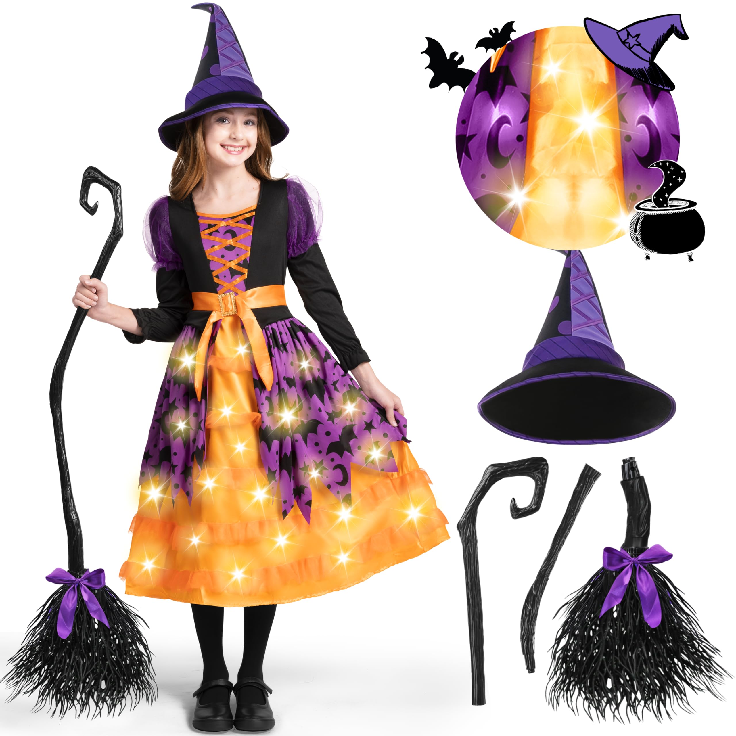 Spooktacular Creations Light Up Witch Costume with Hat for Girls, Kids, Tollders Halloween Dress Up, Role Play