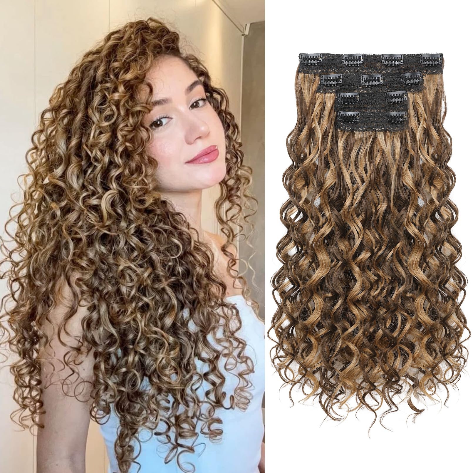 Photo 1 of REECHO Curly Hair Extensions, 4PCS 20 inch Clip in Hair Extensions Lace Weft Short Curly Extensions Clip Ins Invisible Natural Hairpieces for Women, Chocolate Brown with Highlights