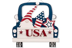 Valery Madelyn 4th of July Decorations for Front Door, 13 Inch Wooden Patriotic Wreath with Gnome Car, Red White Blue Decor Americana USA Sign for Memorial Independence Day Labor Veretan Day Indoor
