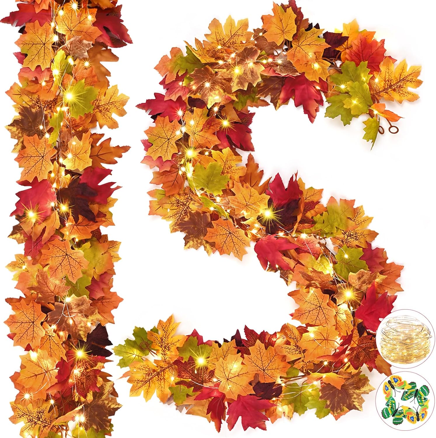 Wreaths, Garlands & Swags - Fall Decorations for Home Clearance 2Pcs Fall Maple Leaf Garland with Lights, 5.7Ft/Piece Fall Leaves Garland, Leaf Garland for Door Table Halloween Thanksgiving Decor, Mixed Color