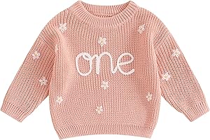 Infant Baby Girl Fall Winter Knit Sweater First Birthday Embroidery One Long Sleeve Pullover Tops My 1st Birthday