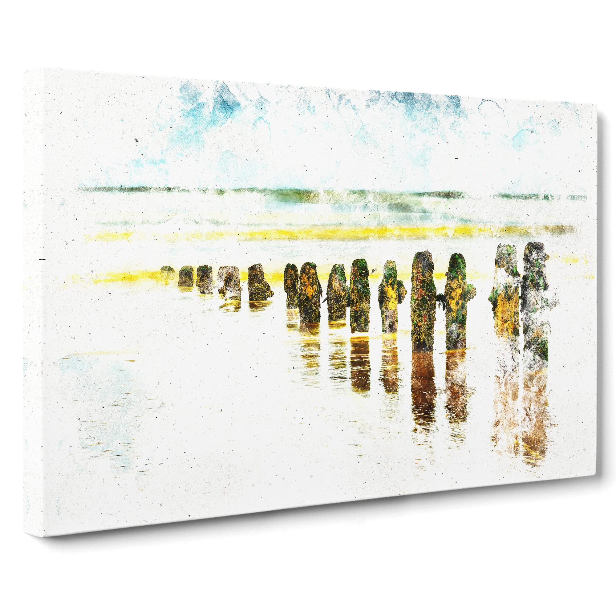 Groynes On Whitby Beach Watercolour Canvas Print | Gallery Wrapped 30mm Frame Wall Art | 20x14 inches | Ready to Hang | Coastal Seascape Picture | Living Room Bedroom Lounge Office