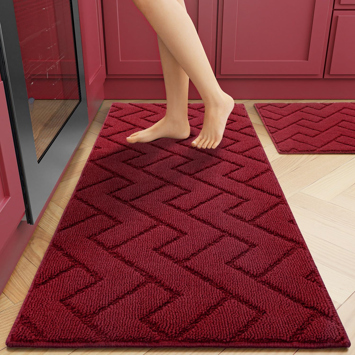 Photo 1 of hicorfe Kitchen Rugs and Mats Sets,2 Pieces Super Absorbent Polypropylene Non-Slip Rug,Soft Comfort Floor Mat,Machine Wash for Kitchen,Hallway,Office,Sink,Laundry(20" x 31.5" Plus 20" x 48",Red