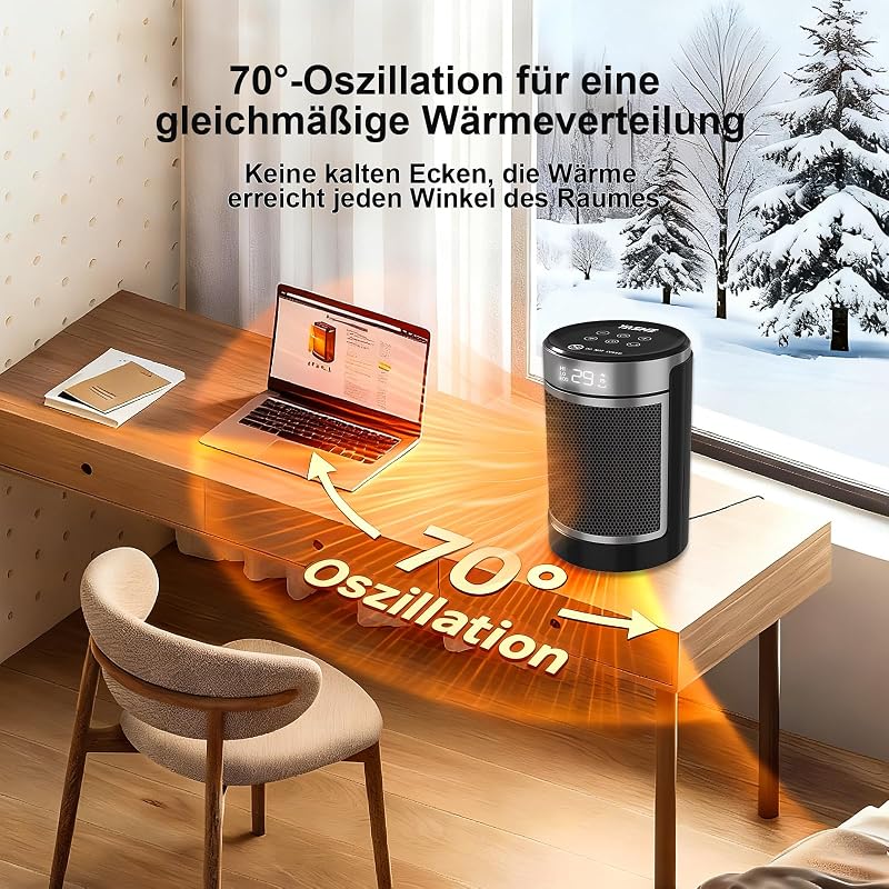 Heizlüfter 1500W/750W, 34 dB leise, PTC-Keramik, Thermostat 5–36 °C (±1°), 70° Oszillation, 24 h Timer, ECO/HI/LOW/FAN, Fernbedienung, Kippschutz, Überhitzungsschutz, V0, für Schlafzimmer
