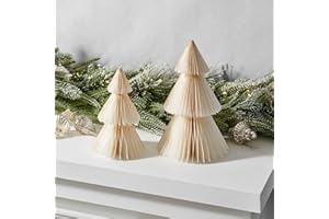 LampLust Paper Christmas Tree Decor, 2 Pack Honeycomb Paper Trees, 6 & 8 Inch, White & Gold Glitter Edge, Holiday Table Centerpieces, Christmas Table Decor, Winter Decorations