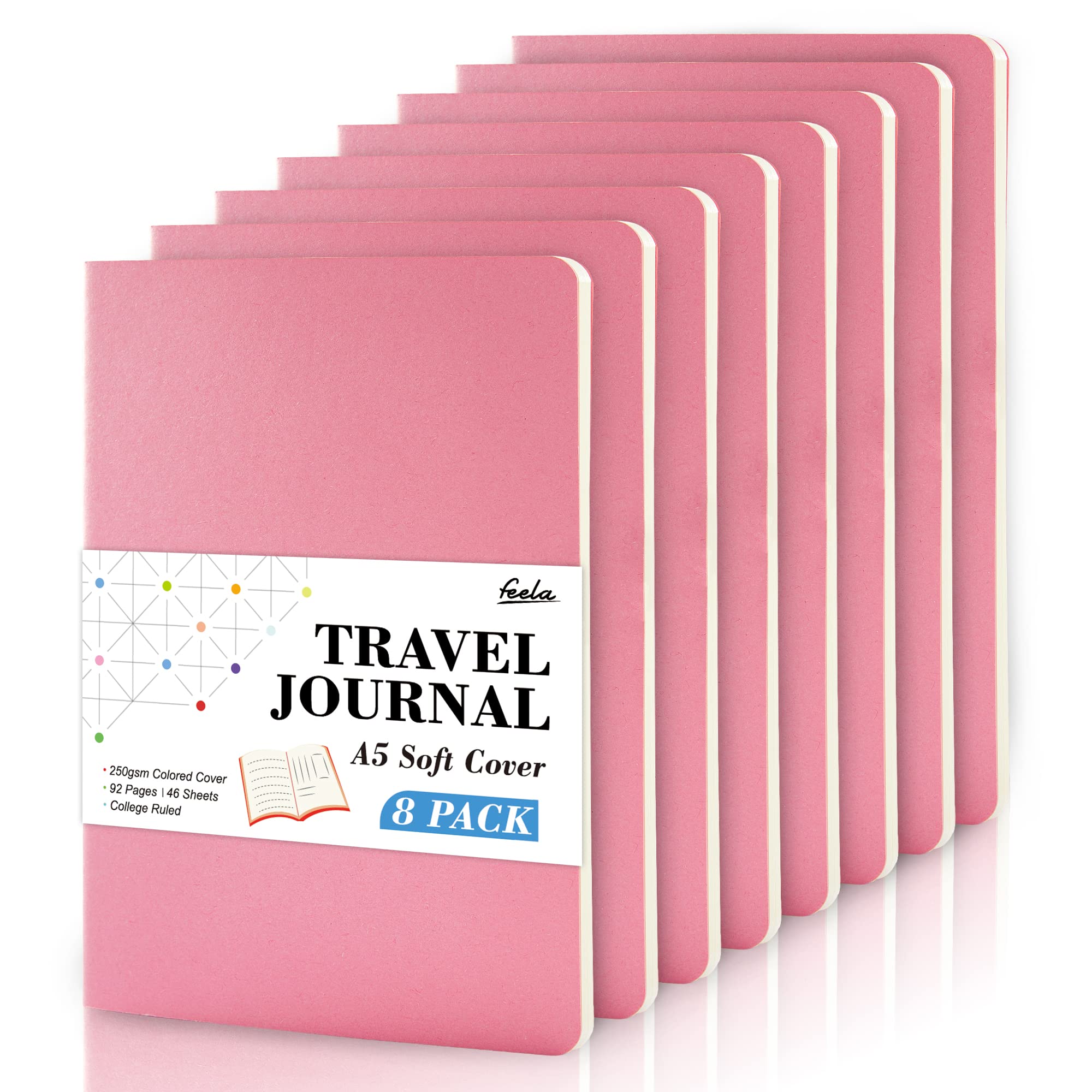 feela 8 Pack Soft Cover Notebooks A5 Lined Journal Notebooks College Ruled for Work, Lined Travel Journal for Women Men, Note Taking Study Notepad School Supplies Business Writing Note Books, Pink