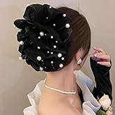 Rannyrena Large Bow Chiffon Silk Hair Clips for Women Pearl Mesh Bubble Hair Barrettes for Thick Thin Hair Elegant Feather Claw Clips Hair Accessories (Silk Pearl Black)