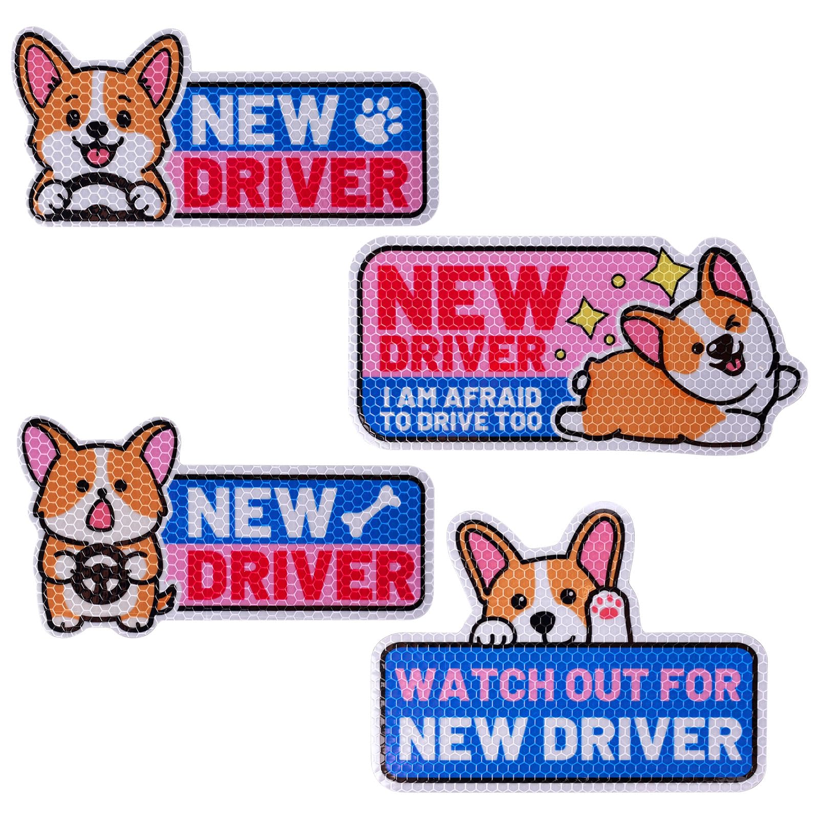 Photo 1 of 4pcs Funny Corgi New Driver Car Magnets, Cute Cartoon Dog Reflective Student Driver Signs Reusable Safety Warning Magnetic Bumper Stickers Car Decals for Beginner Novice Drivers Gifts