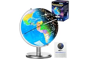 JOWHOL 8'' Illuminated World Globe with Constellation Night Light, Educational Light Up Globe for Kids & Adults, Earth Geography Learning Globes, Desk Home Office Classroom Decor & Gift, 11.5'' Tall