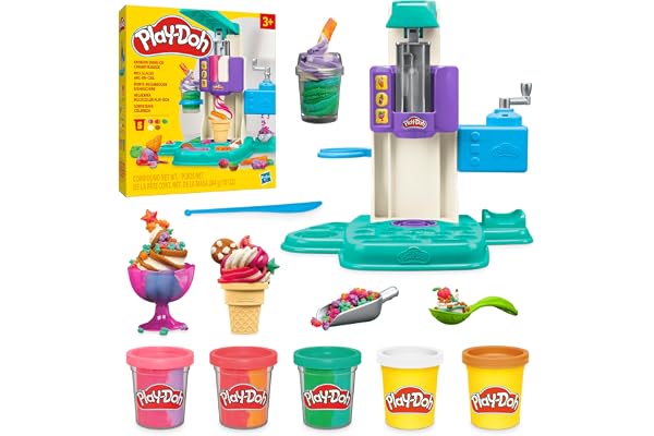 Play-Doh Rainbow Swirl Ice Cream Playset with 7 Pretend Play Kitchen Accessories, Arts and Crafts Toys for 3 Year Old Girls a