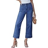 luvamia Wide Leg Jeans for Women Cropped High Waisted Patch Pocket Paper Bag Waist Stretchy Denim Pants Trouser Jeans