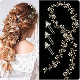 Nljihkure Wedding Hair Bridal Hair Accessories Pieces for Brides Hair Vine Crystal Extra Long Pearl and Beads Bridal Hair Vine Headband Head Pieces for Women and Girls (39inGold, 39in)