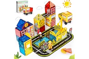HARWORLIFE Magnetic Tiles Road Set with Fire Trucks & 2 Dolls, Double-Sided Magnet Tiles with 2 Cranes, Toys for Boys Ages 3-5 5-7, STEM Learning Construction Toys Include Car, Stations, Signs, Gifts for Kids 3+