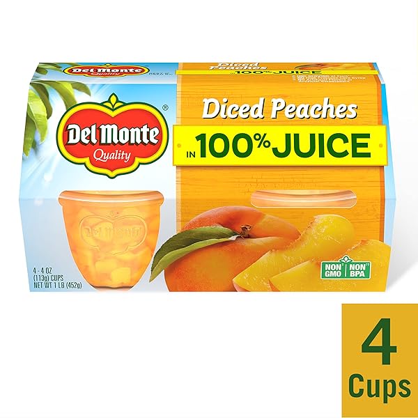 DEL MONTE DICED PEACHES IN 100% JUICE, 4OZ (4 CUPS) FRUIT CUP SNACKS