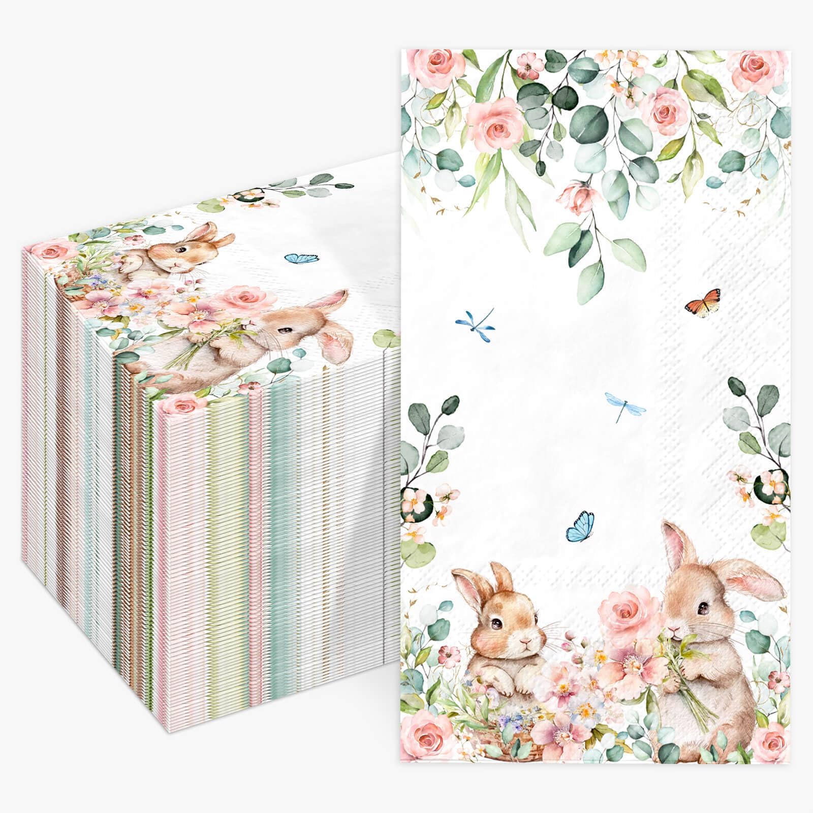 Photo 1 of 100pcs Easter Bunny Floral Guest Napkins Rabbit Flowers Spring Seasonal Disposable Paper Dinner Hand Napkin Towel for Home Kitchen Bathroom Powder Room Holiday Party Decorative Towels