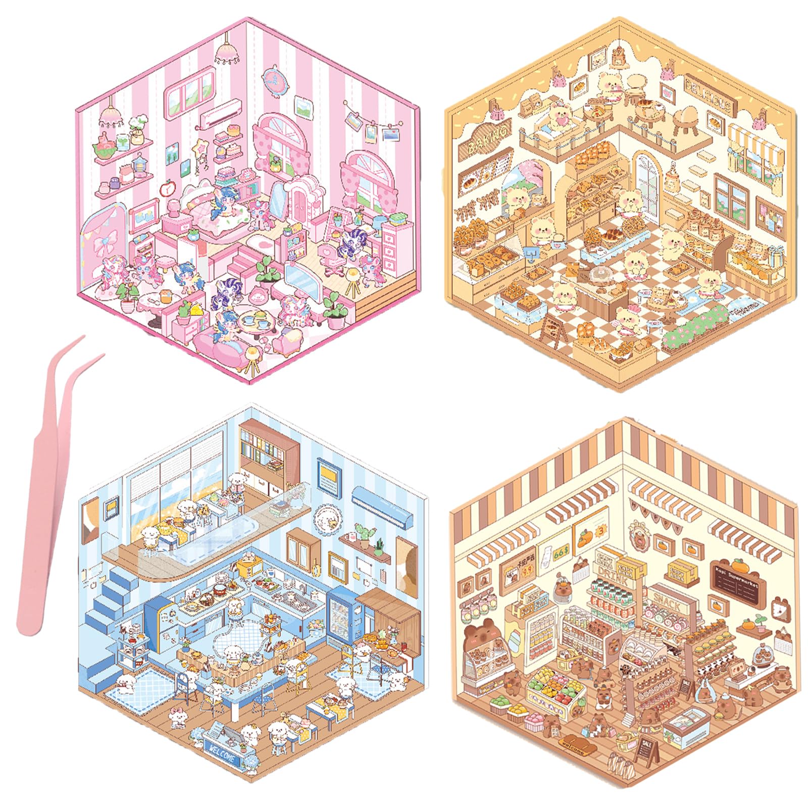 4 Sets 3D House & Scene Stickers DIY - Make Fun 3D Stickers for Adults & Kids