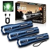 BUCASA Rechargeable Flashlights High Lumens 3 Pack (Blue), Brighter Small Flashlight Powerful Tactical Flashlights Rechargeable, Waterproof LED Flashlight with 3 Modes Zoomable for Camping Emergency