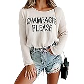 CURBODO Womens Fashion 2026 Champagne Please Graphic Long Sleeve Pullover Sweater Loose Crewneck Knitted Sweatshirt Tops