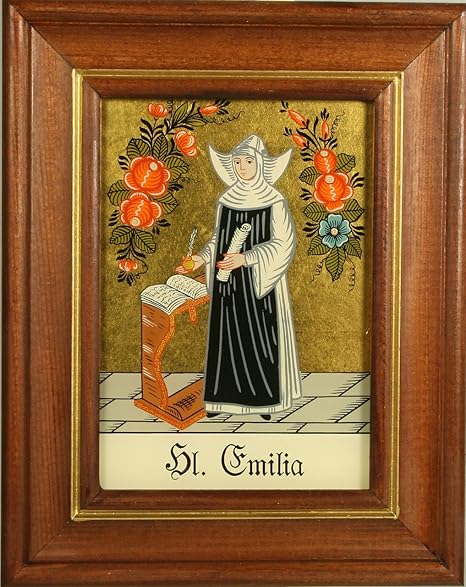 Hinterglaswerkstatten Hinterglasbild Patronatsbild Hl Emilia Mit Braun Gebeizten Holzrahmen Handbemalt Mit Legende Des Heiligen Auf Der Bildruckseite Ca B 12 5 X H 16 Cm Amazon De Kuche Haushalt