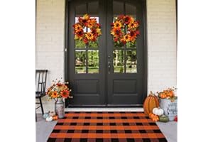 CAINANEL Fall Outdoor Rug Orange Buffalo Plaid Outdoor Rug Cotton Hand-Woven Buffalo Check Rug Layered Doormats for Front Door/Front Porch/Farmhouse/Entryway/Patio (Orange and Black Plaid, 3' x 5')