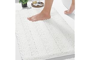 Yimobra Bathroom Rug Mat, Non Slip and Super Absorbent Bath Mat, Machine Washable Quick Dry, Ultra Plush Chenille Shower Rugs for Bathroom Floor Sink Tub and Shower Outside, White, 24 x 17