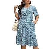 Keluummi Plus Size Summer Midi Dresses for Curvy Women, Casual Boho Floral V Neck Dress with Pockets