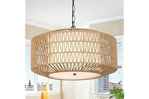 PAUFUL Farmhouse Chandelier Light Fixture,4-Light Rattan Boho Chandeliers for Dining Room with Fabric Shade,Hand Woven Large Rattan Dining Room Light Fixture for Kitchen Bedroom Island Hallway