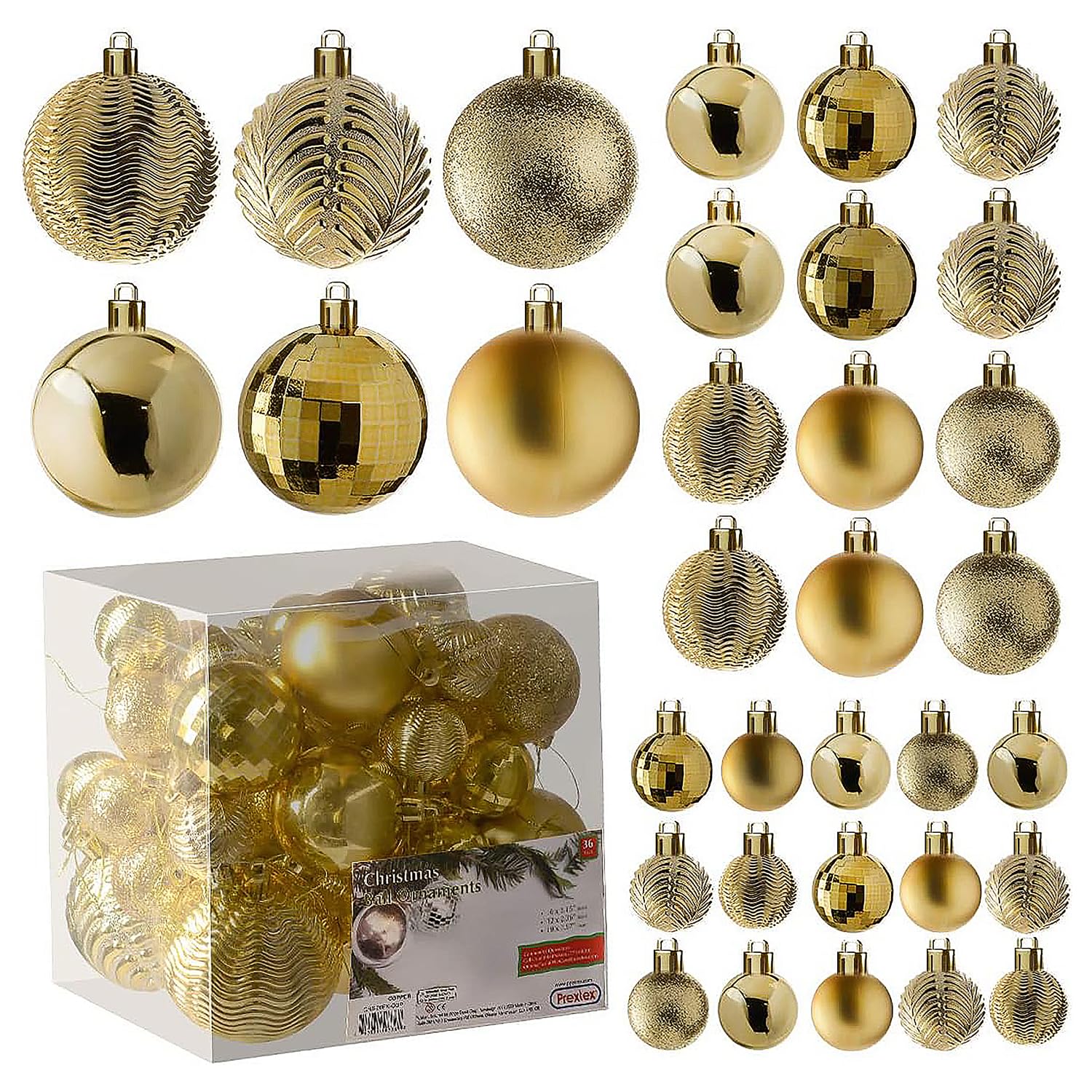 Prextex Gold Christmas Ornaments Balls - 36-Piece Shatterproof Christmas Balls Set - Elegant Gold Christmas Tree Baubles in Matte, Glitter, and Shiny Finishes - Golden Decorations, 3 Sizes