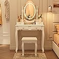 Vanity Desk with Mirror and Lights, Modern Vanity Makeup Table and Cushioned Stool Set with 4 Drawers, 3 Color Lighting Modes with Adjustable Brightness, Dressing Table Set for Bedroom (White)