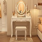 Vanity Desk with Mirror and Lights, Makeup Table with Cushioned Stool Set | Modern Vanity with 4 Drawers, 3 Color Lighting Modes with Adjustable Brightness, Dressing Table Set for Bedroom, White Vanity