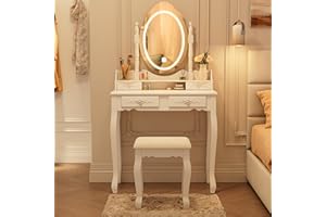 ALOHAPPY Vanity Desk with Mirror and Lights, Modern Vanity Makeup Table and Cushioned Stool Set with 4 Drawers, 3 Color Lighting Modes with Adjustable Brightness, Dressing Table Set for Bedroom (White)