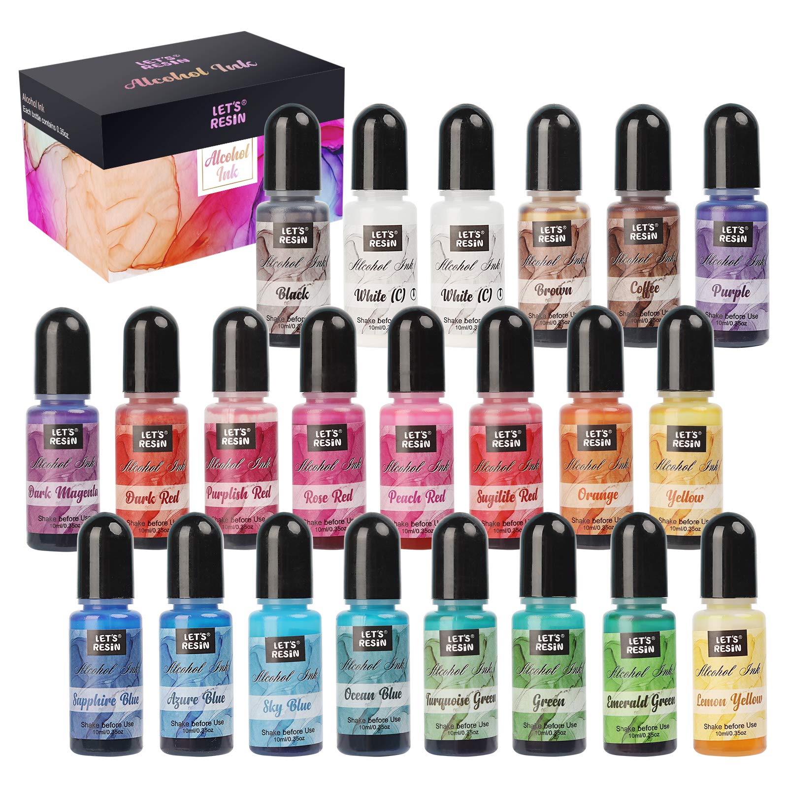 LET'S RESIN Alcohol Ink, 22 Vibrant Colors Alcohol Ink Set, Super Concentrated Alcohol-Based Resin Colour Pigment, Highly Saturated Epoxy Resin Pigment for Resin Art, Tumblers(Each 0.35oz)