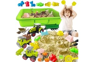 Kalysky Farm Sensory Bin with 2.2lbs Play Sand for Toddlers 3-5+, Tractors Playset, Farm Animals, Barn Accessories and Sand Castle Building Kit, Sandbox with Lid for Kids Ages 4-8
