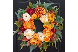 PURECOSY Fall Wreaths for Front Door 24 Inch Fall Door Wreath with Pumpkins, Maple Leaves & Peonies – Autumn Wreath for Outside Front Door, Porch, Farmhouse, or Thanksgiving Decor