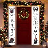 Gothic Christmas Door Banner - Goth Black Cat Decorations for Outdoor, Gothic Spooky Reindeer and Gift Box Welcome Hanging Flag Xmas Porch Sign Decorations for Outside Yard Party Decor 12x71 Inch