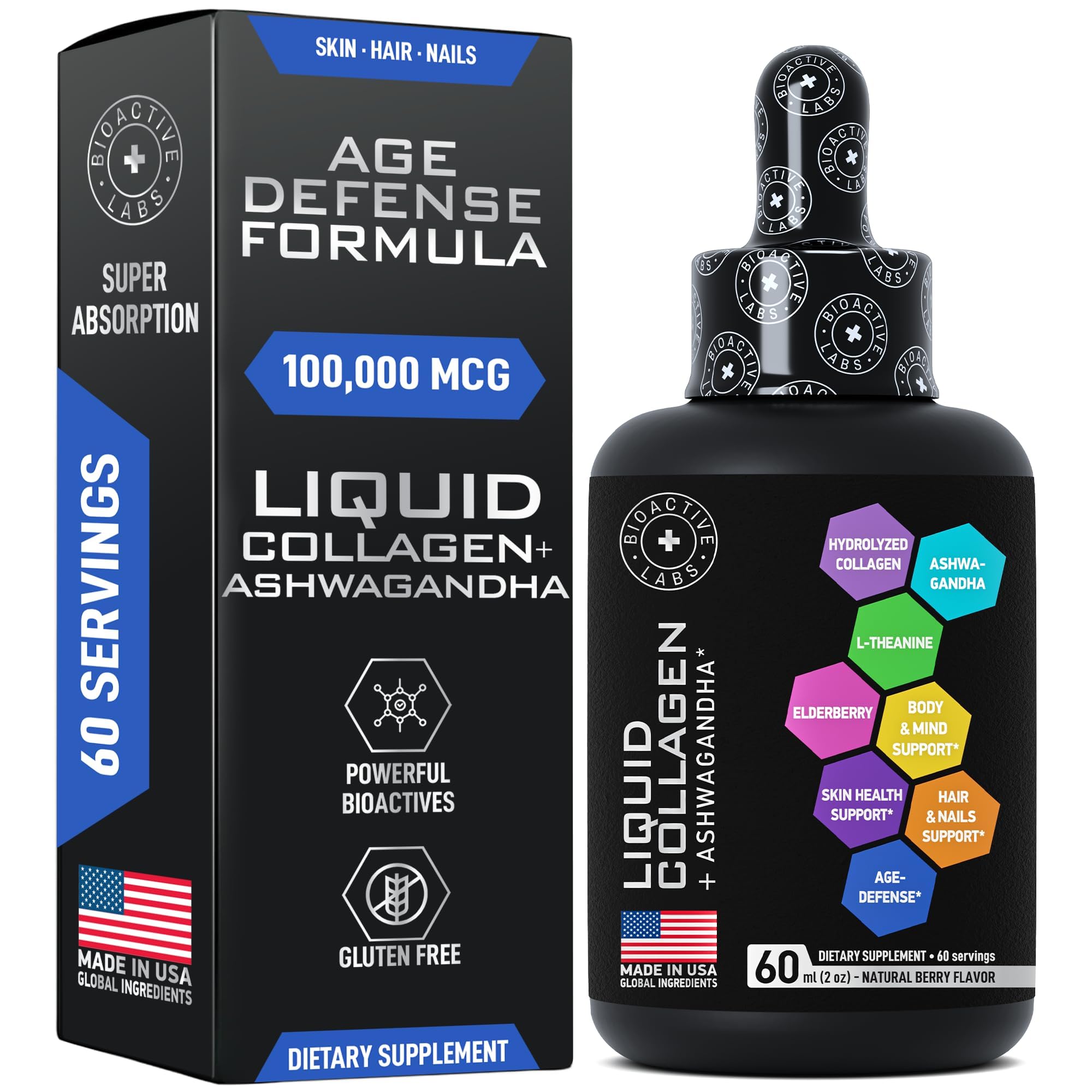 BIOACTIVE LABS Liquid Collagen with Ashwagandha and Vegan Iron Supplements with Folic Acid Female Health Support Bundle