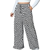 WDIRARA Women's Plus Size Plaid Checkered Wide Leg Pants High Waisted Baggy Pants with Pockets