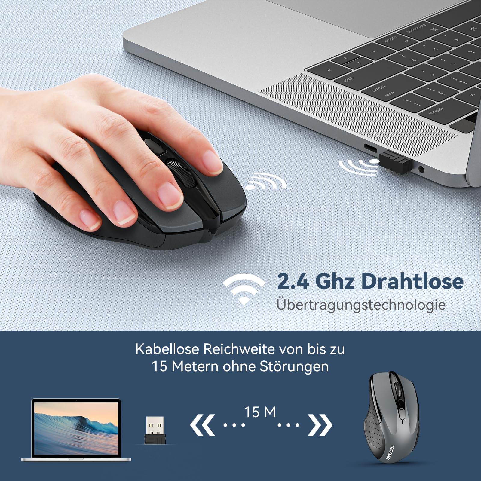 TECKNET Kabellose Maus, 2.4G Optische Funkmaus mit USB Empfänger, 2600 DPI, 24 Monate Akkulaufzei, Ergonomisches Design Wireless Mouse Kompatibel mit Laptop, PC, MacBook, Office Home, Grau 2