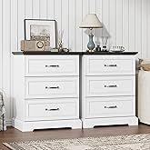 Nightstand Set of 2,24" Wide End Table with 3 Large Drawers & Metal Handles,Rustic Farmhouse Wood Small Dresser,Bedside Table,Modern Chest of Drawers for Bedroom,Living Room,White