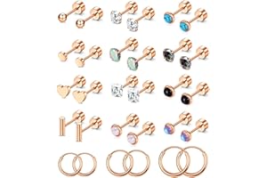 PLOMFOV Flat Back Earrings Gold Earrings for Women Men Stainless Steel Earrings Set CZ Heart Opal Surgical Steel Earrings Gold Studs 20G Cartilage Hoop Earrings Hypoallergenic for Sensitive Ears